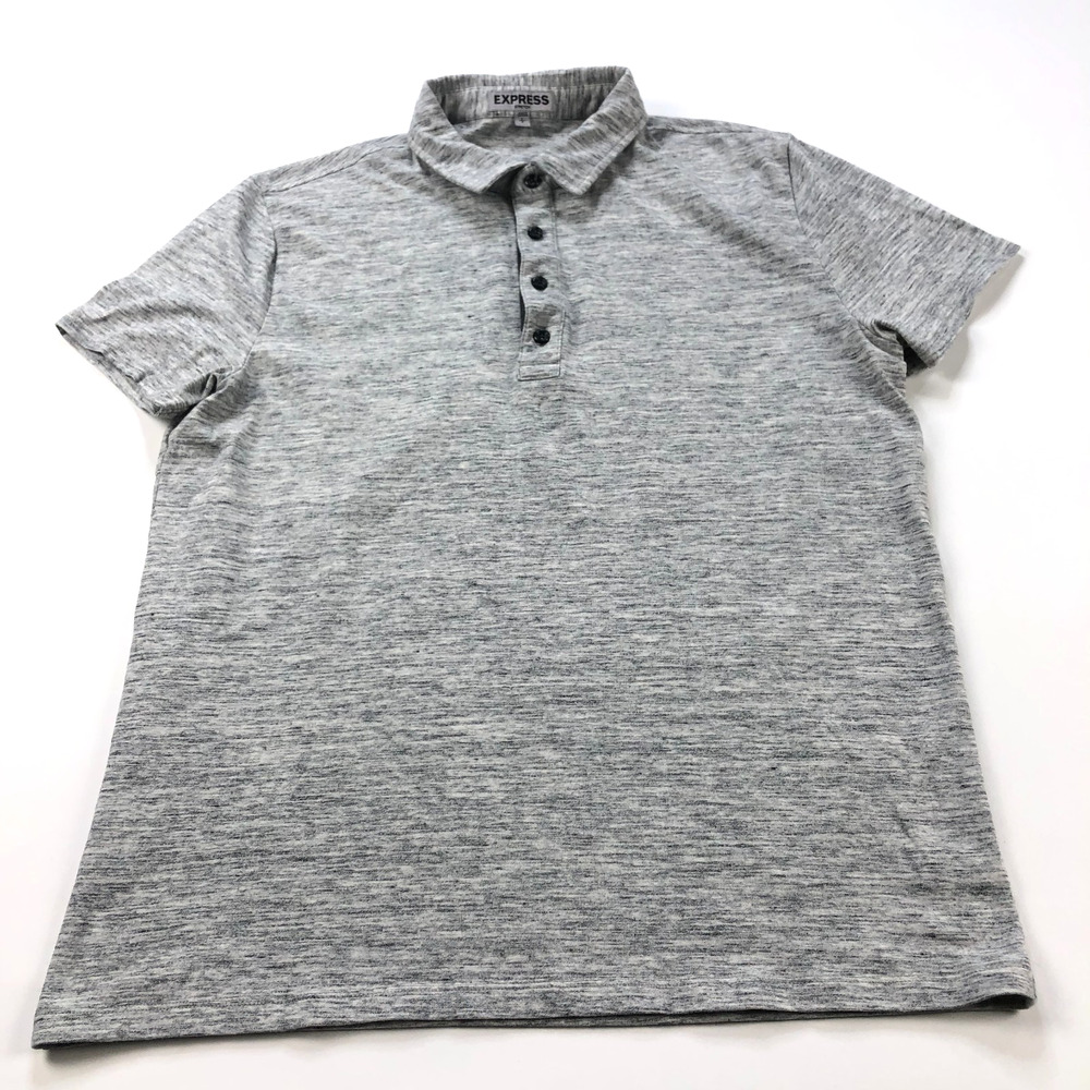 Express Stretch Large (Fit MED) Short Sleeve Button Polo Solid Shirt Gray